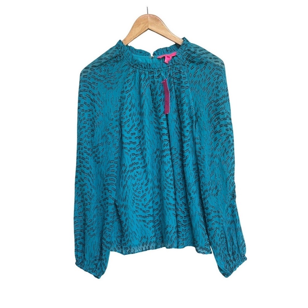 NWT Lilly Pulitzer Caline Silk Swirl Clip Blouse Teal Bay Blue Metallic Small